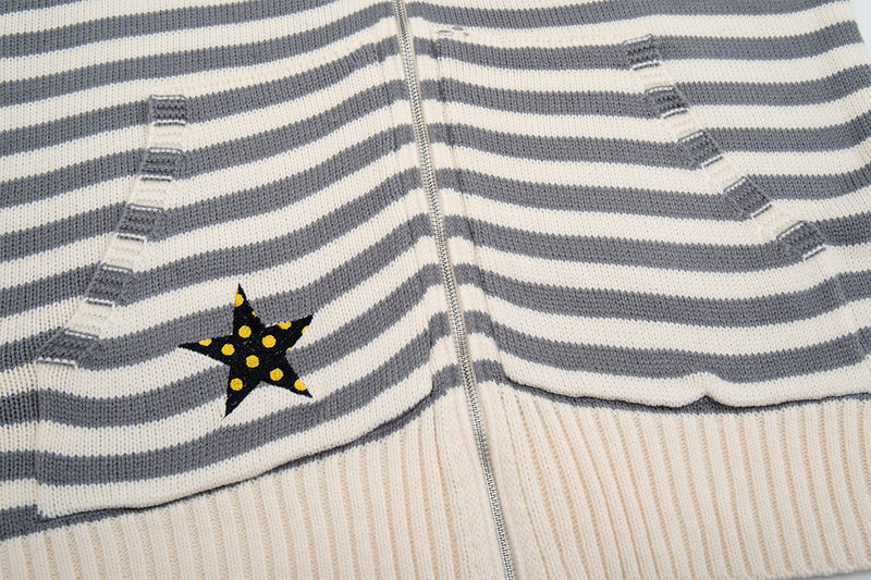 Y2K-Kapuzenjacke mit Reißverschluss – gestreifte Strickjacke mit Katzen- und Sternenstickerei