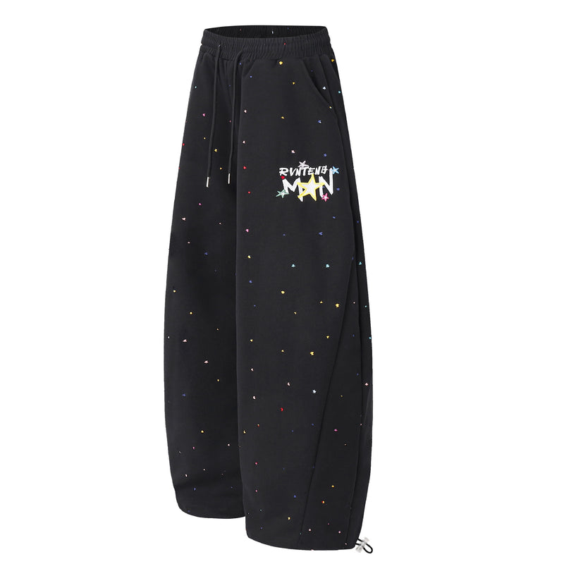 Wide-Leg Sweatpants with Star Embroidery & Paint Splatter Print