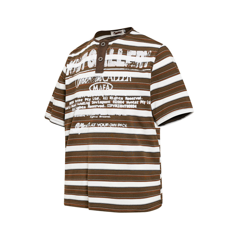 American Vintage Striped Henley Graphic T-Shirt – Oversized Short Sleeve