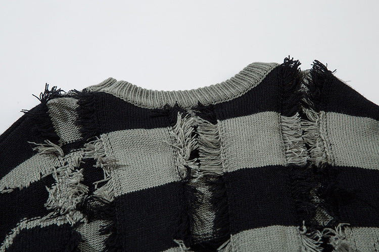 Pull oversize en maille rayée à étoiles délavée – Col rond à franges