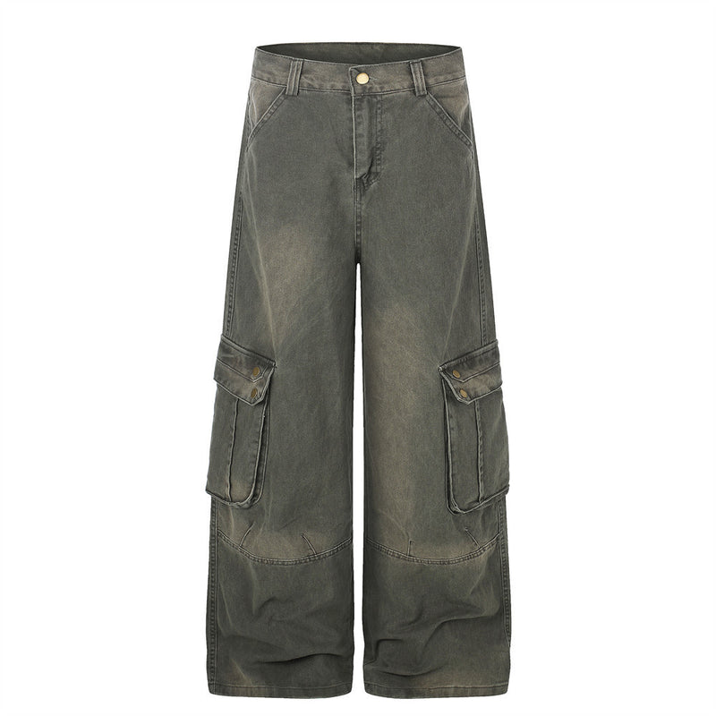 Wide-Leg Cargo Pants – Washed Denim Multi-Pocket Straight-Cut Trousers