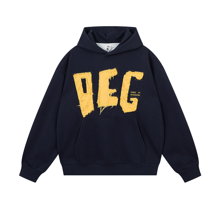 DEG Patch Letter Oversized Hoodie – Frayed Appliqué Streetwear Pullover