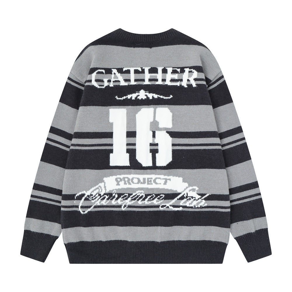 Gestreifter Jacquard-Strickpullover – Gather 16 SavageBase-Print, Relaxed Rundhalsausschnitt