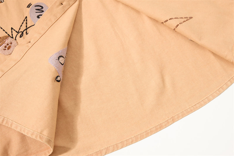 Herren-Langarmshirt mit Cartoon-Katzenstickerei – lässige Passform, Kontrastkragen