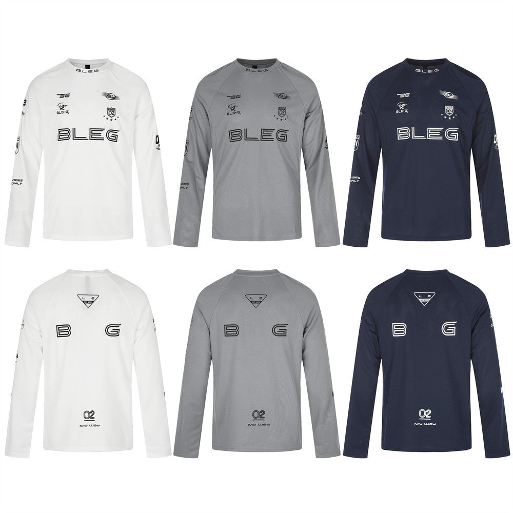 Long sleeve crew neck shirt shown in white, gray, and navy with multi-logo racing graphics