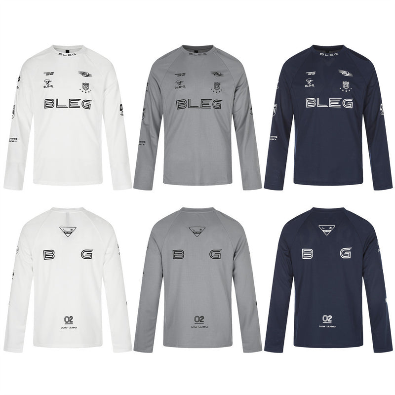 Long sleeve crew neck shirt shown in white, gray, and navy with multi-logo racing graphics