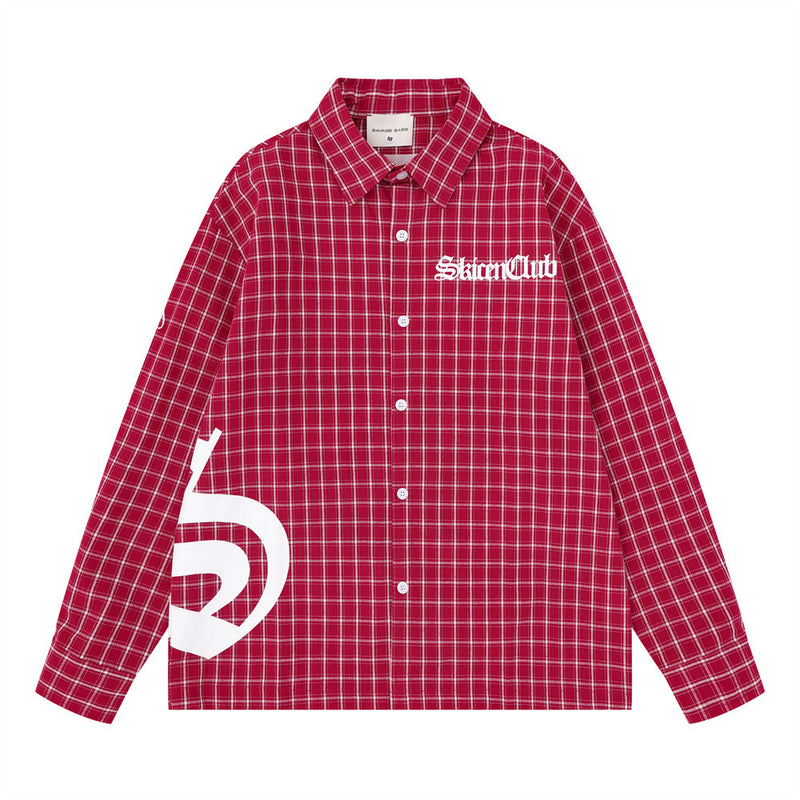 Oversized plaid long sleeve shirt in red with gothic SkicenClub chest logo and cursive script back print