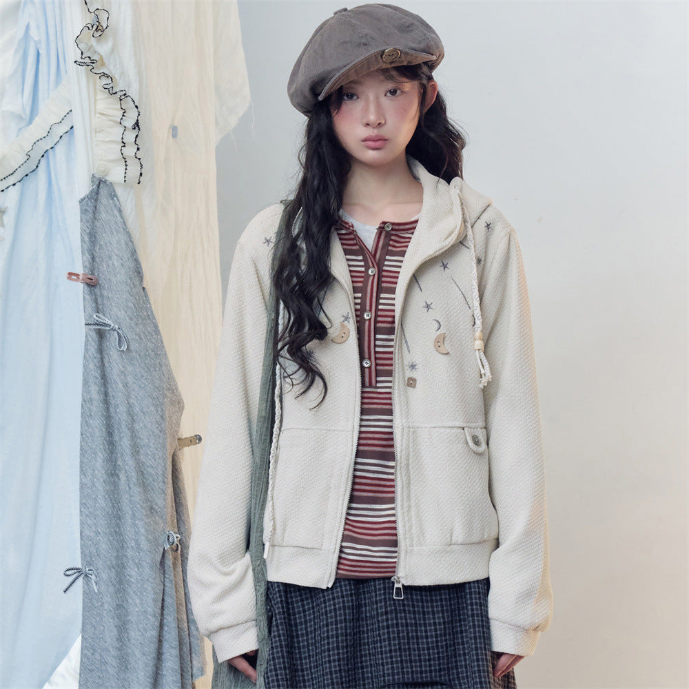 Celestial Embroidered Zip-Up Hoodie – Waffle Knit Oversized Jacket with Moon &