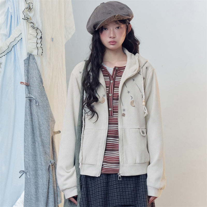 Celestial Embroidered Zip-Up Hoodie – Waffle Knit Oversized Jacket with Moon &