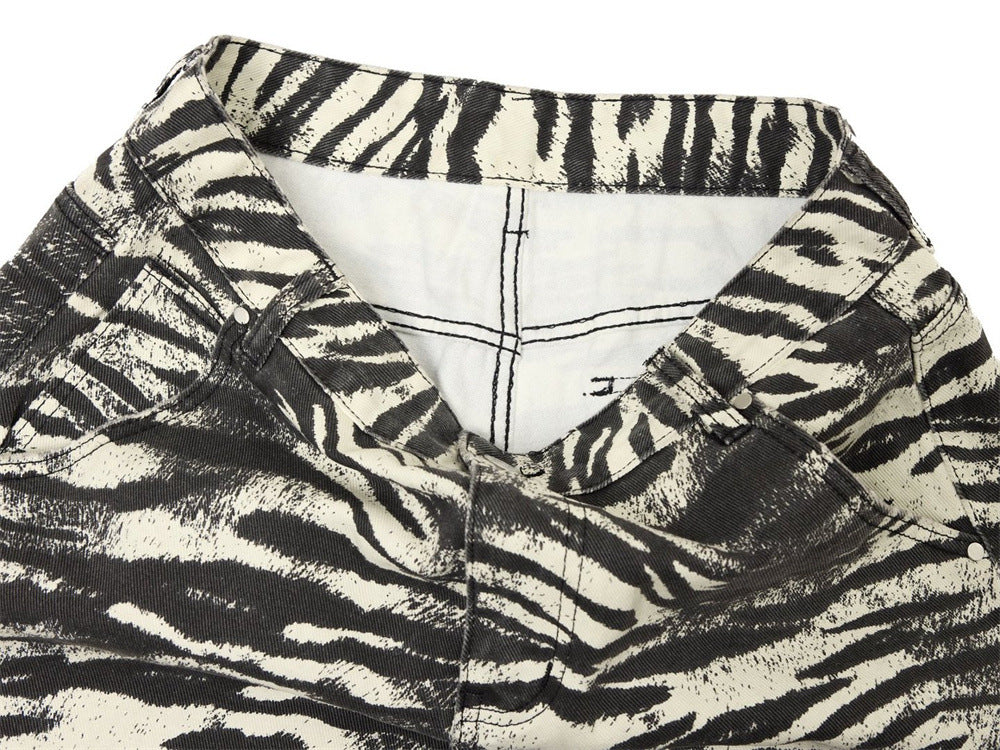 Zebra Print Wide-Leg Jeans – Men's Straight Fit Punk Street Style Denim Pants