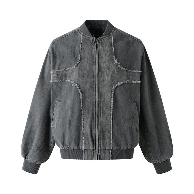 Bomber délavé et usé – Patchwork déconstruit à bords effilochés, coupe oversize