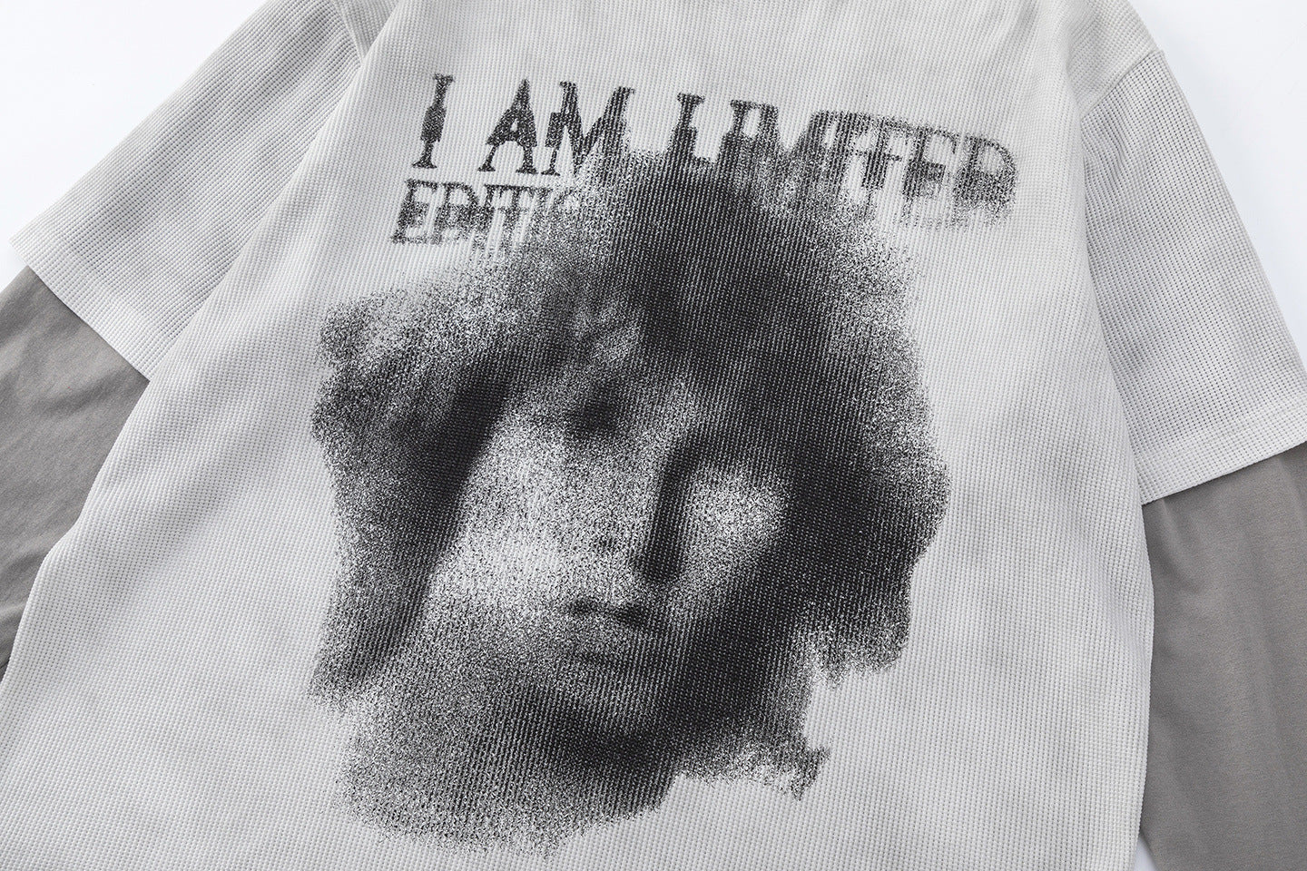Faux Two-Piece Long Sleeve Graphic Tee – Waffle Knit Face Print Crew Neck Shirt