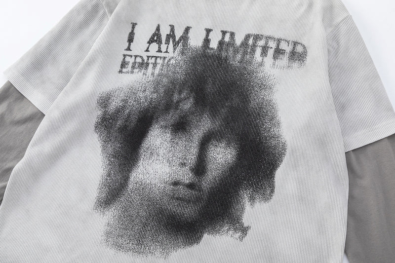 Faux Two-Piece Long Sleeve Graphic Tee – Waffle Knit Face Print Crew Neck Shirt