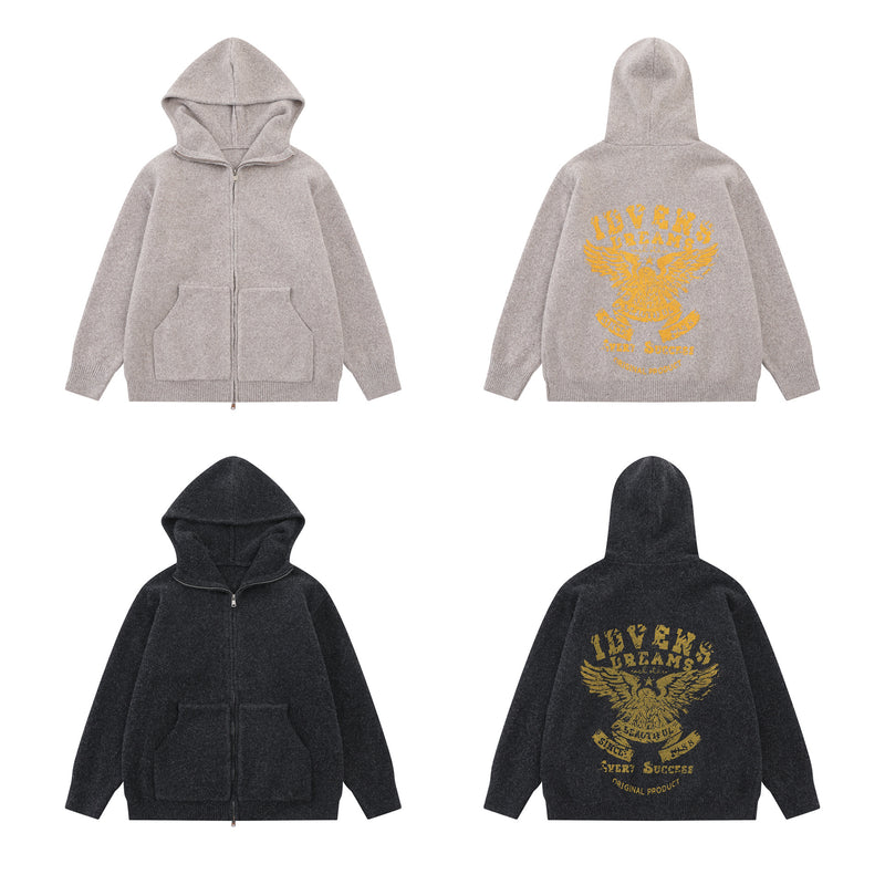 Knit Zip-Up Hoodie with Eagle Graphic Back — Relaxed Fit Streetwear Cardigan