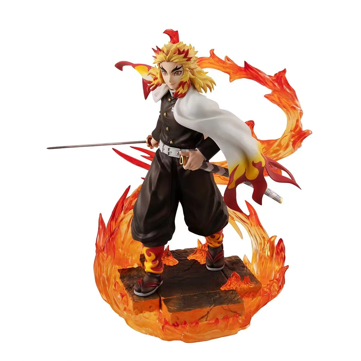 The Rengoku Kyojuro Action Figure by Demon Slayer, 22CM tall, showcases the dynamic Flame Hashira in a striking pose. Wearing a black outfit with fiery accents and his iconic white cloak, he wields a sword and stands on a flame-inspired base. This collectible features blazing hair effects.