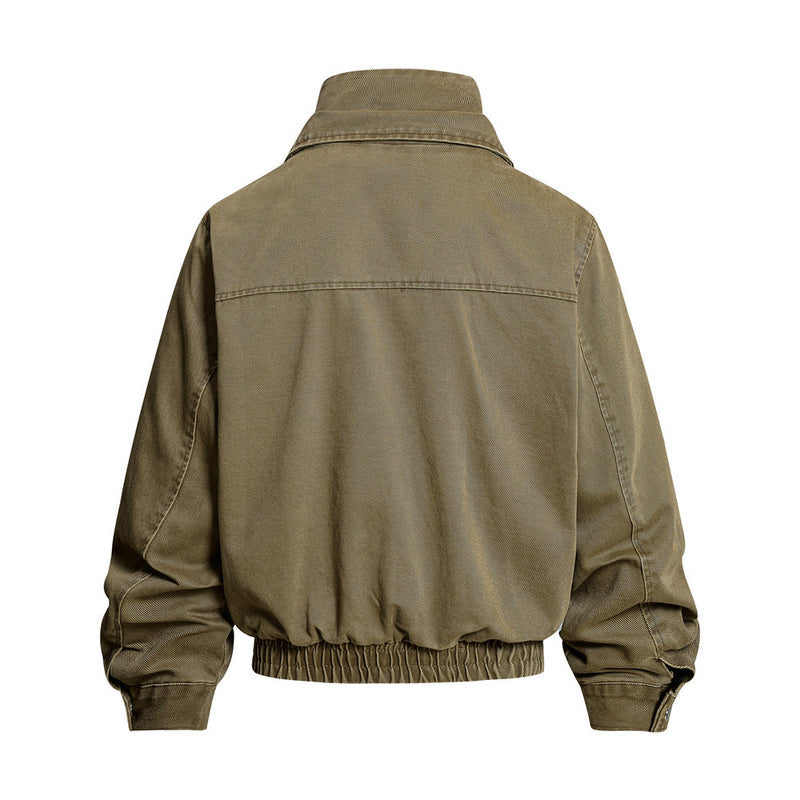 Men's Washed Denim Bomber Jacket – Oversized Fit, Double Collar & Zip Pockets