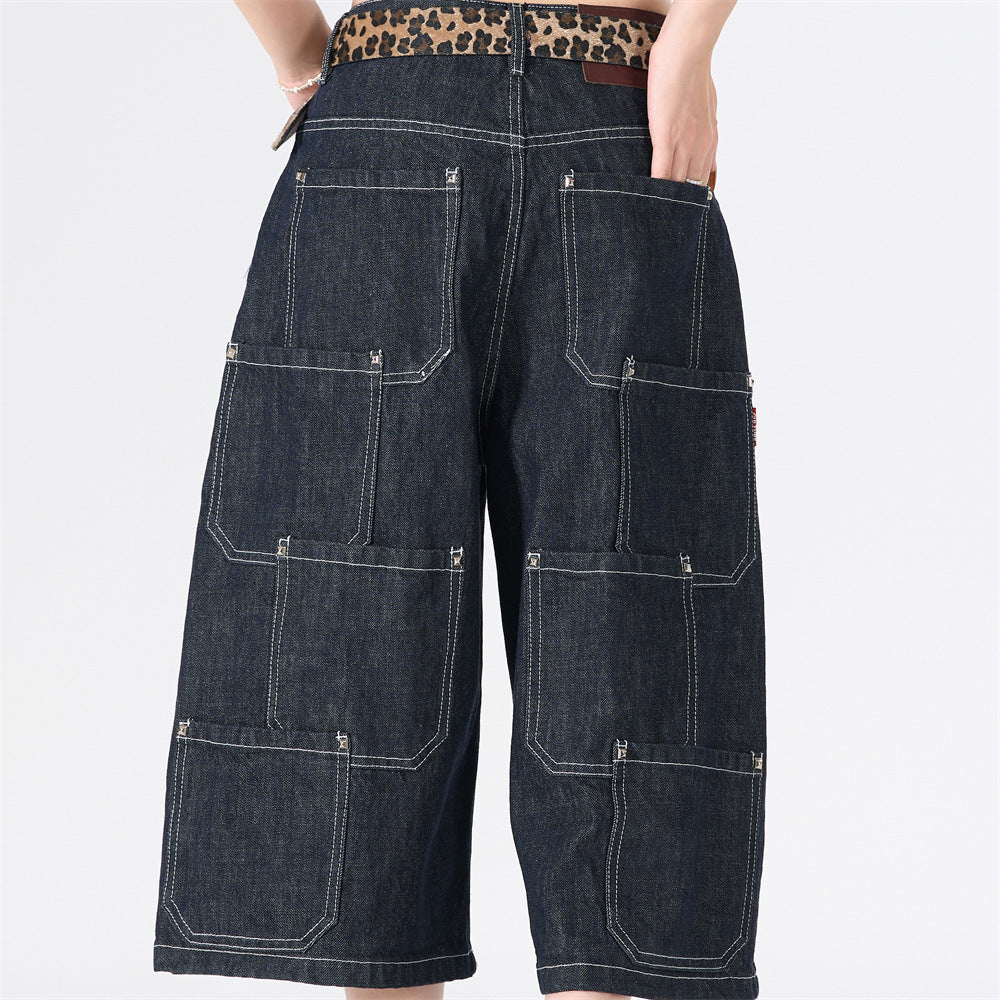 Wide-Leg Denim Cargo Shorts – Multi-Pocket Workwear Style