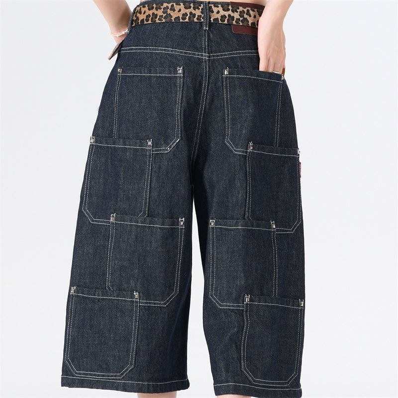 Wide-Leg Denim Cargo Shorts – Multi-Pocket Workwear Style