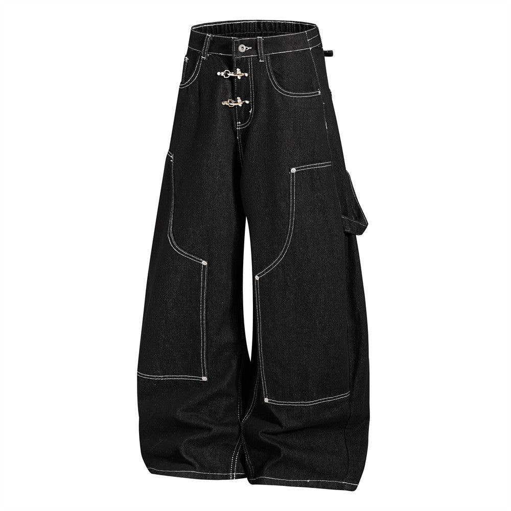 Herren-Cargojeans mit weitem Bein, Klappverschluss und Kontrastnähten