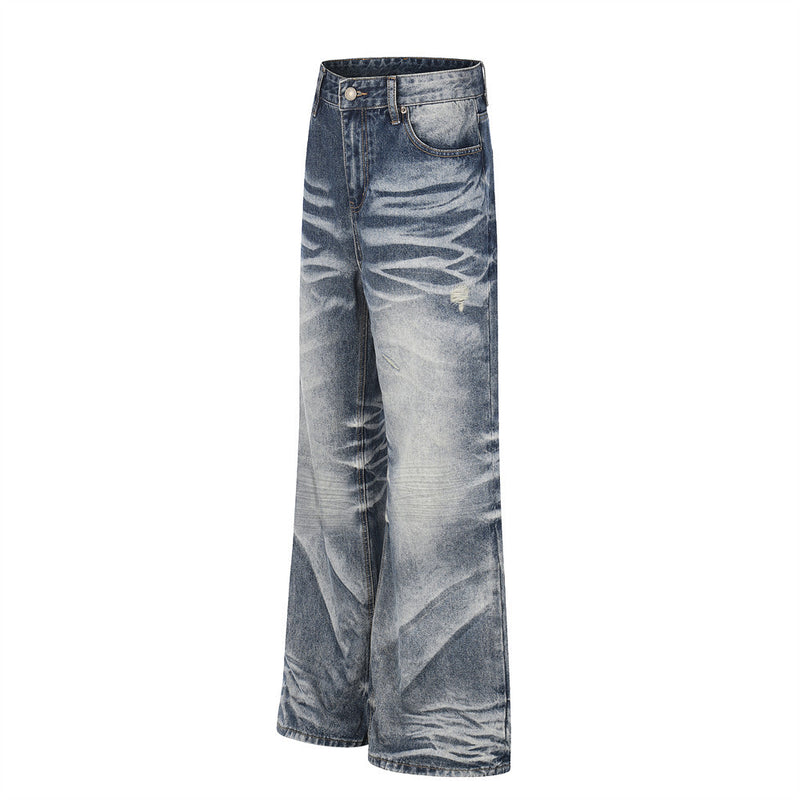 Vintage Wash Wide-Leg Flare Jeans – Men's Distressed Crease-Effect Denim