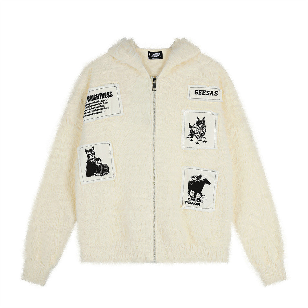 Fuzzy Knit Zip-Up Hoodie with Animal Patches – Streetwear Cardigan