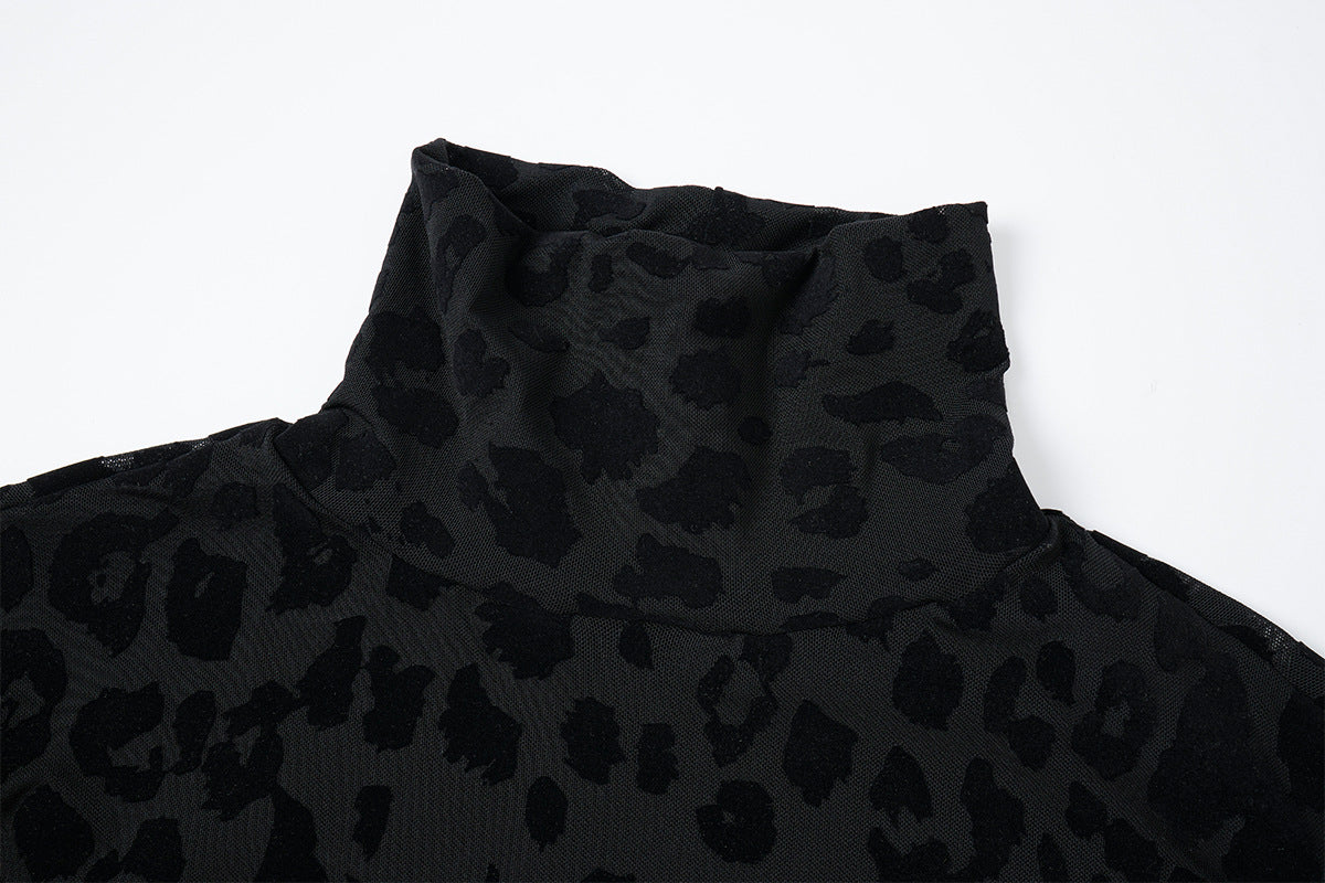 Leopard Print Turtleneck Long Sleeve Slim-Fit Shirt