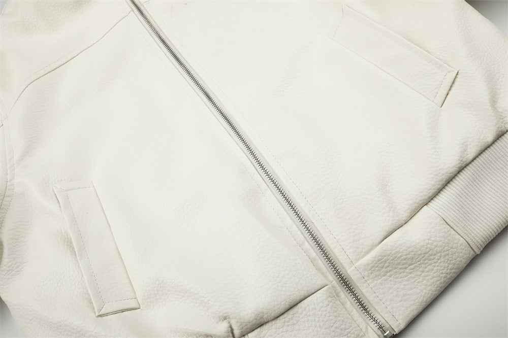PU Leather Bomber Jacket with Faux Fur Collar & Buckle Strap Stand Neck