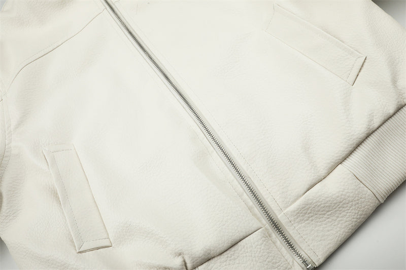 PU Leather Bomber Jacket with Faux Fur Collar & Buckle Strap Stand Neck