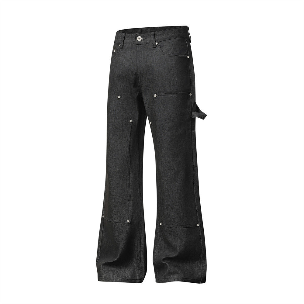Black Baggy Flare Cargo Jeans – Wide Leg Denim with Rivet & Patch Detail