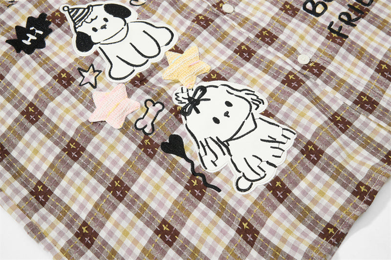 Cartoon Cat & Dog Patch Embroidery Plaid Short Sleeve Shirt