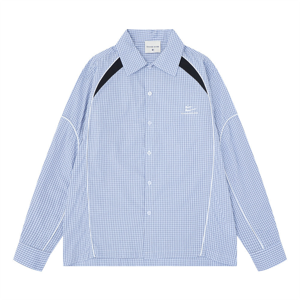 Light blue plaid long sleeve shirt shown from the front with contrast shoulder panels and piping