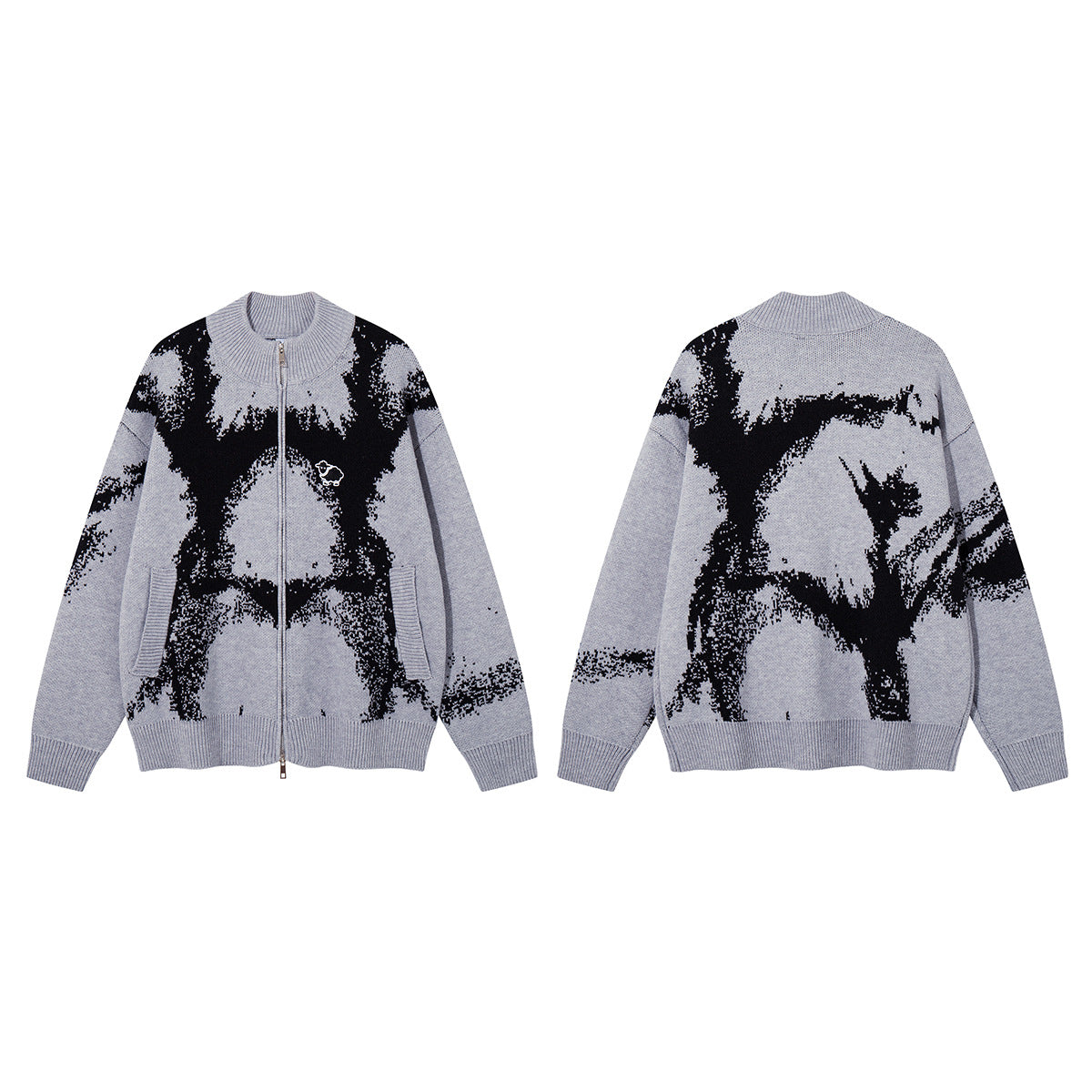 Abstract Bear Jacquard Knit Zip-Up Cardigan Sweater – Oversized High-Street