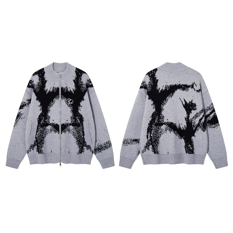Abstract Bear Jacquard Knit Zip-Up Cardigan Sweater – Oversized High-Street