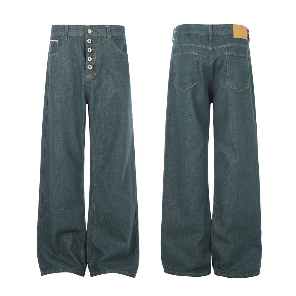 Jean homme wide leg droit en denim vert canard, braguette à boutons, vue de face et de dos