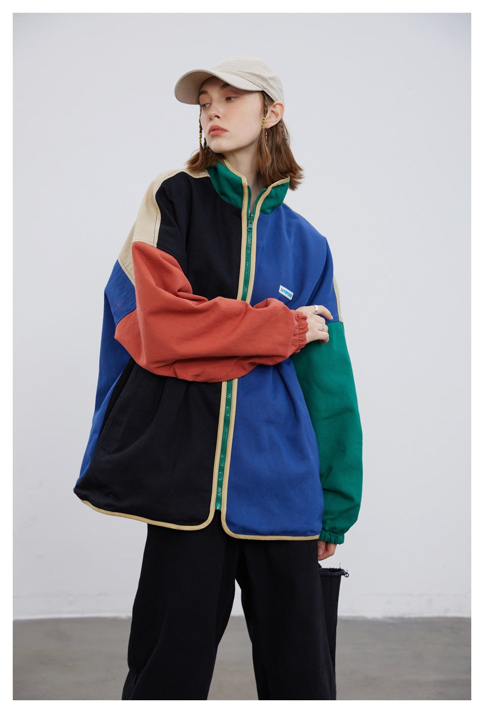Colorblock Reversible Zip-Up Jacket — Stand Collar, Oversized Fit