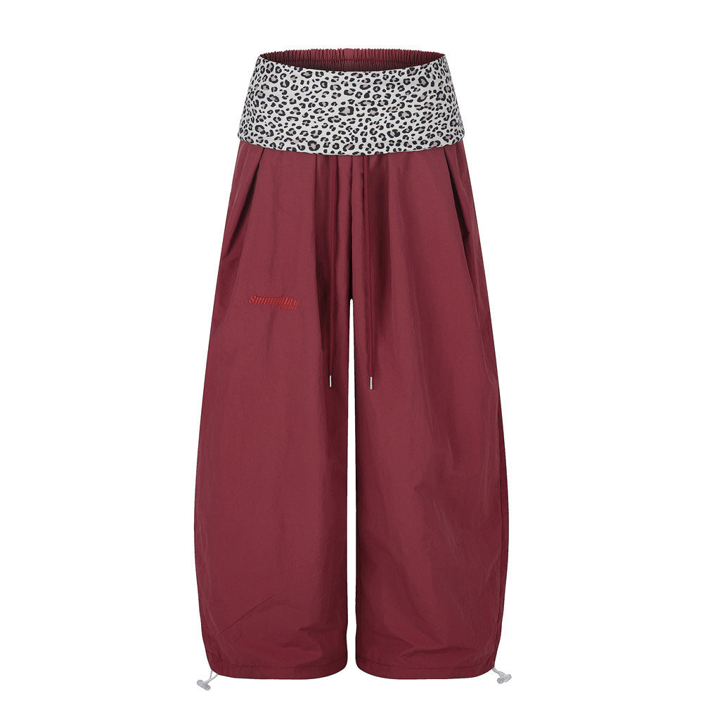 Wide-Leg Balloon Pants with Leopard Print Waistband & Drawstring Hem