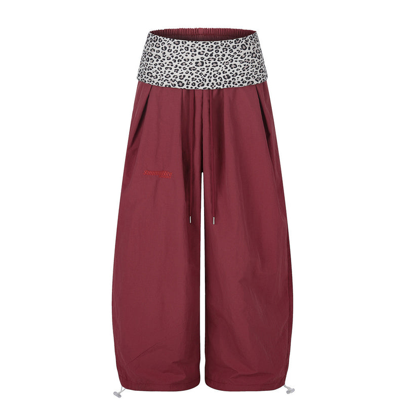 Wide-Leg Balloon Pants with Leopard Print Waistband & Drawstring Hem