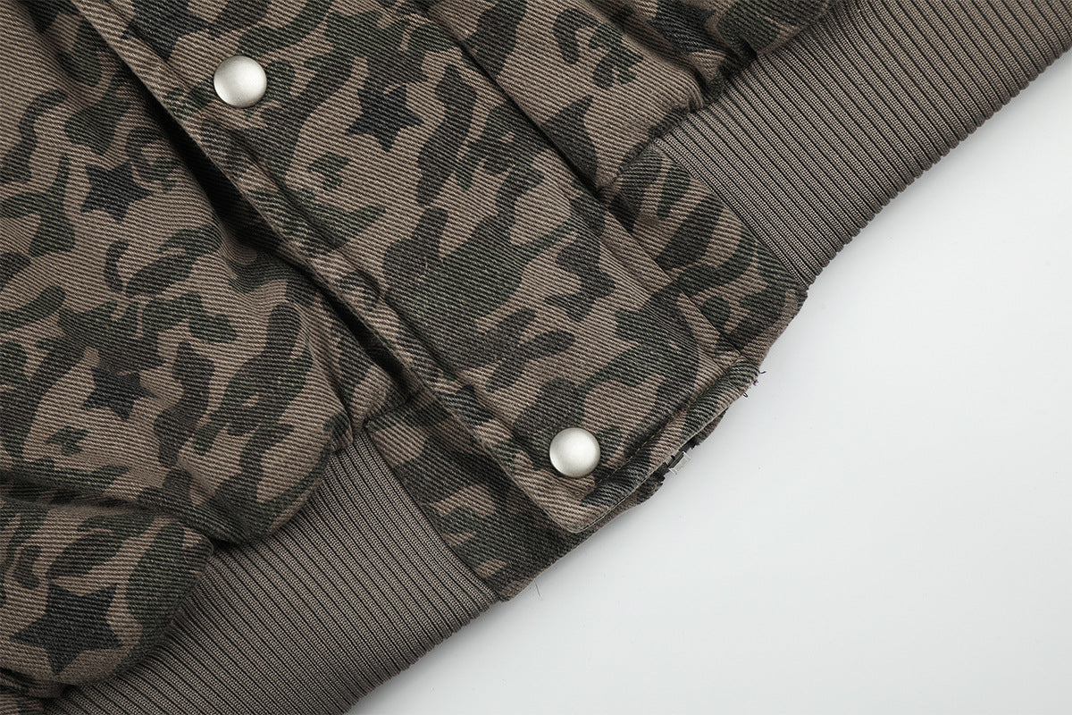Camouflage Star-Print Padded Bomber Jacket with Faux Fur Hood