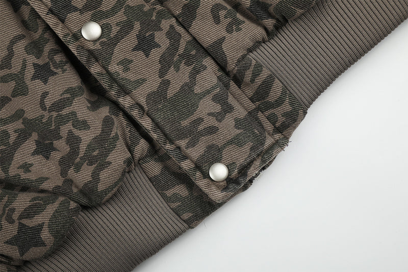 Camouflage Star-Print Padded Bomber Jacket with Faux Fur Hood