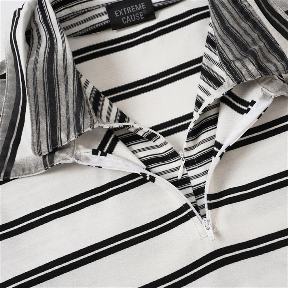 Oversized Striped Polo Shirt – Half-Zip Collar Short Sleeve Tee