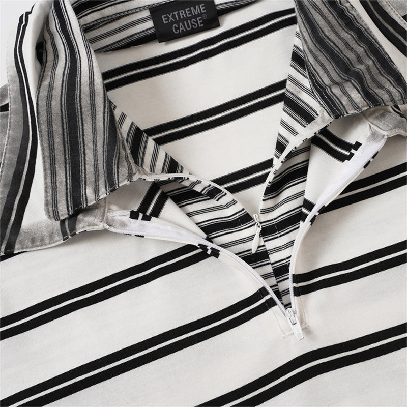 Oversized Striped Polo Shirt – Half-Zip Collar Short Sleeve Tee