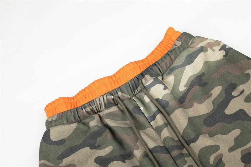 Camo Wide-Leg Sweatpants with Colorblock Orange Waistband and Patches