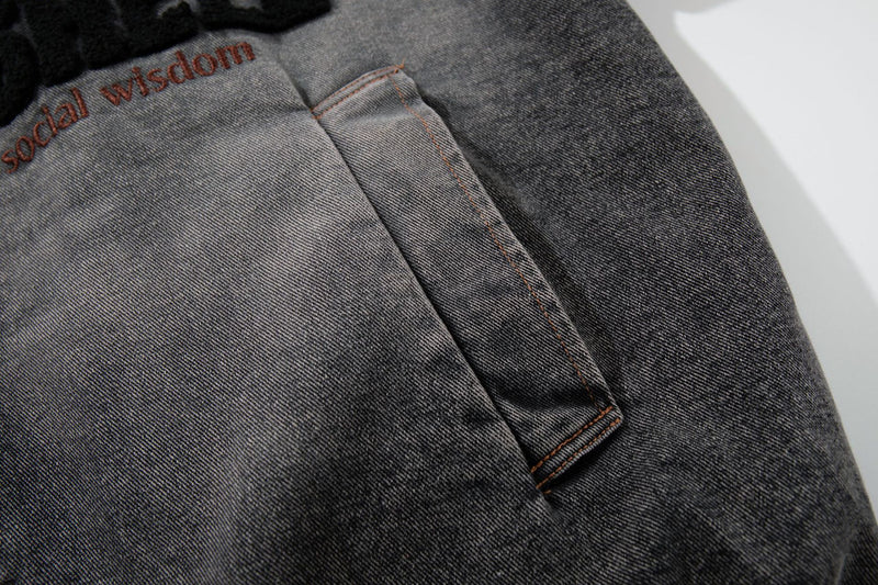 Washed Denim Padded Hoodie Jacket with Embroidered Logo & Sherpa Collar