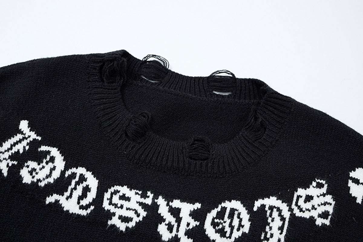 Crew Neck Knit Sweater Gothic Cross Distressed Hem Streetwear