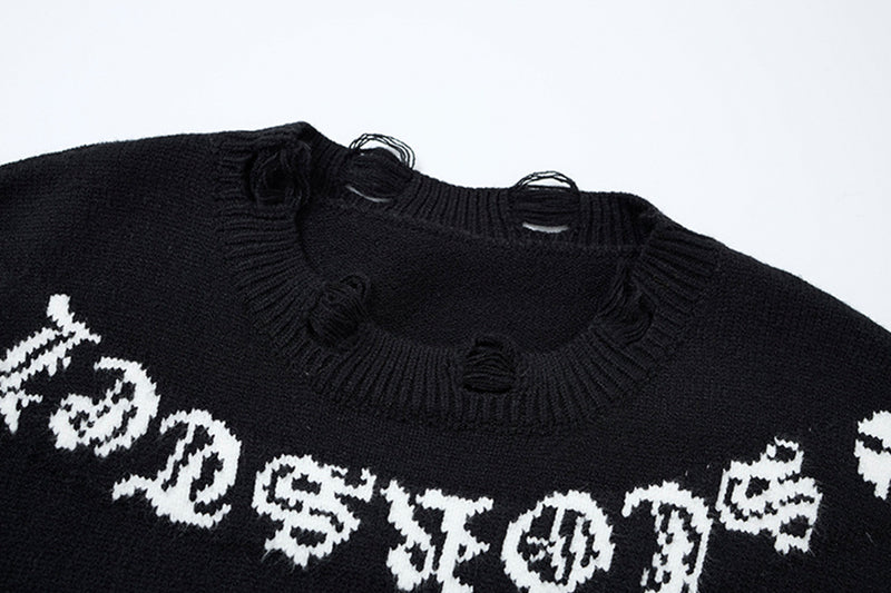 Crew Neck Knit Sweater Gothic Cross Distressed Hem Streetwear