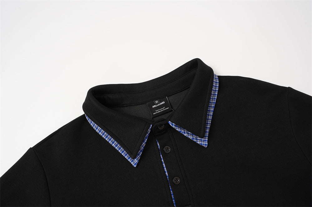 Sweat-shirt homme à col polo et bordure à carreaux | Coupe décontractée, manches longues