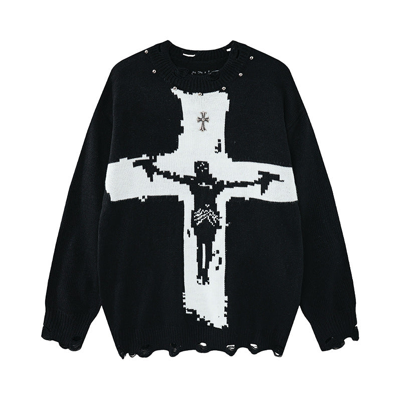 Oversize-Kreuz-Strickpullover – Distressed-Rundhals mit Jacquard-Kreuz