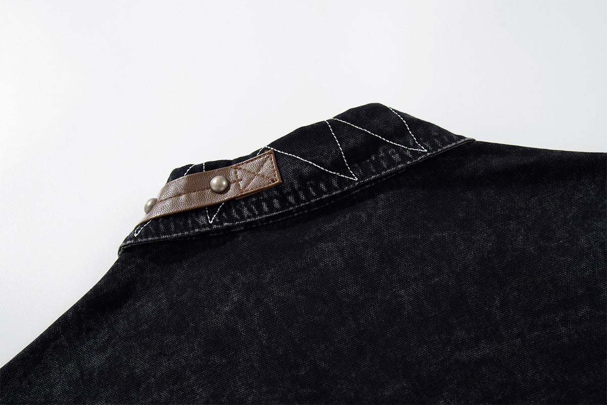 Washed Denim Shirt Jacket with Patchwork Pocket & Embroidered Collar