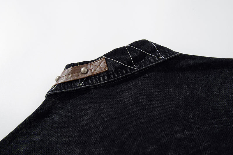 Washed Denim Shirt Jacket with Patchwork Pocket & Embroidered Collar