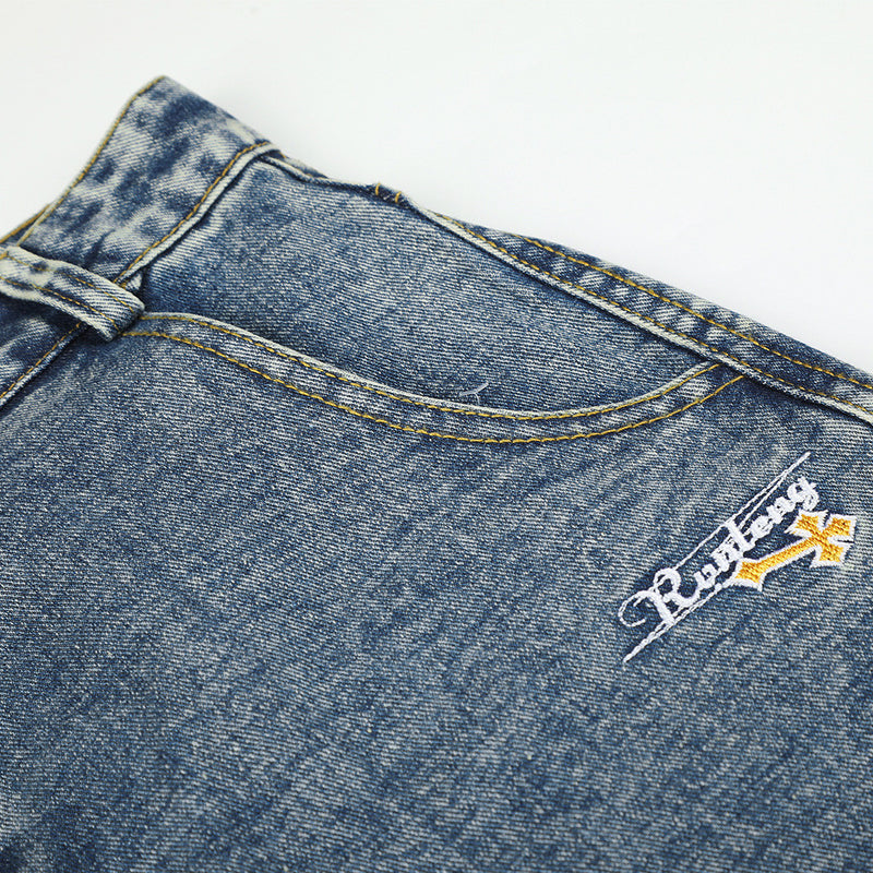 Wide-Leg Baggy Jeans with Cross Pocket Embroidery & Washed Distressed Finish